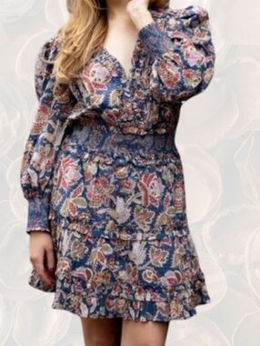 Love The Label Boho Floral Mini Dress Smocked Waist Ruffle Hem Festival S